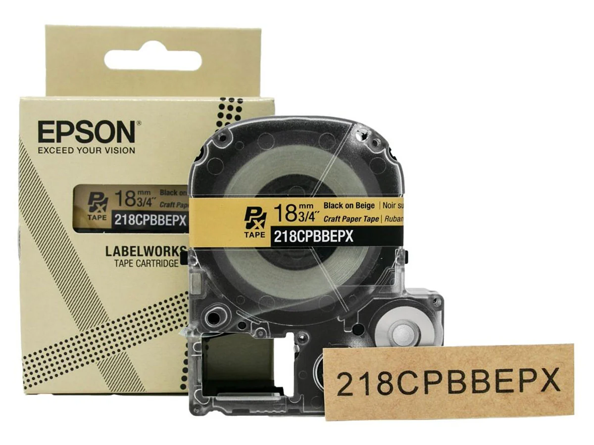 Epson LabelWorks PX 3/4" (18mm) X 16.5 FT Black on Beige Craft Paper Tape - 218CPBBEPX