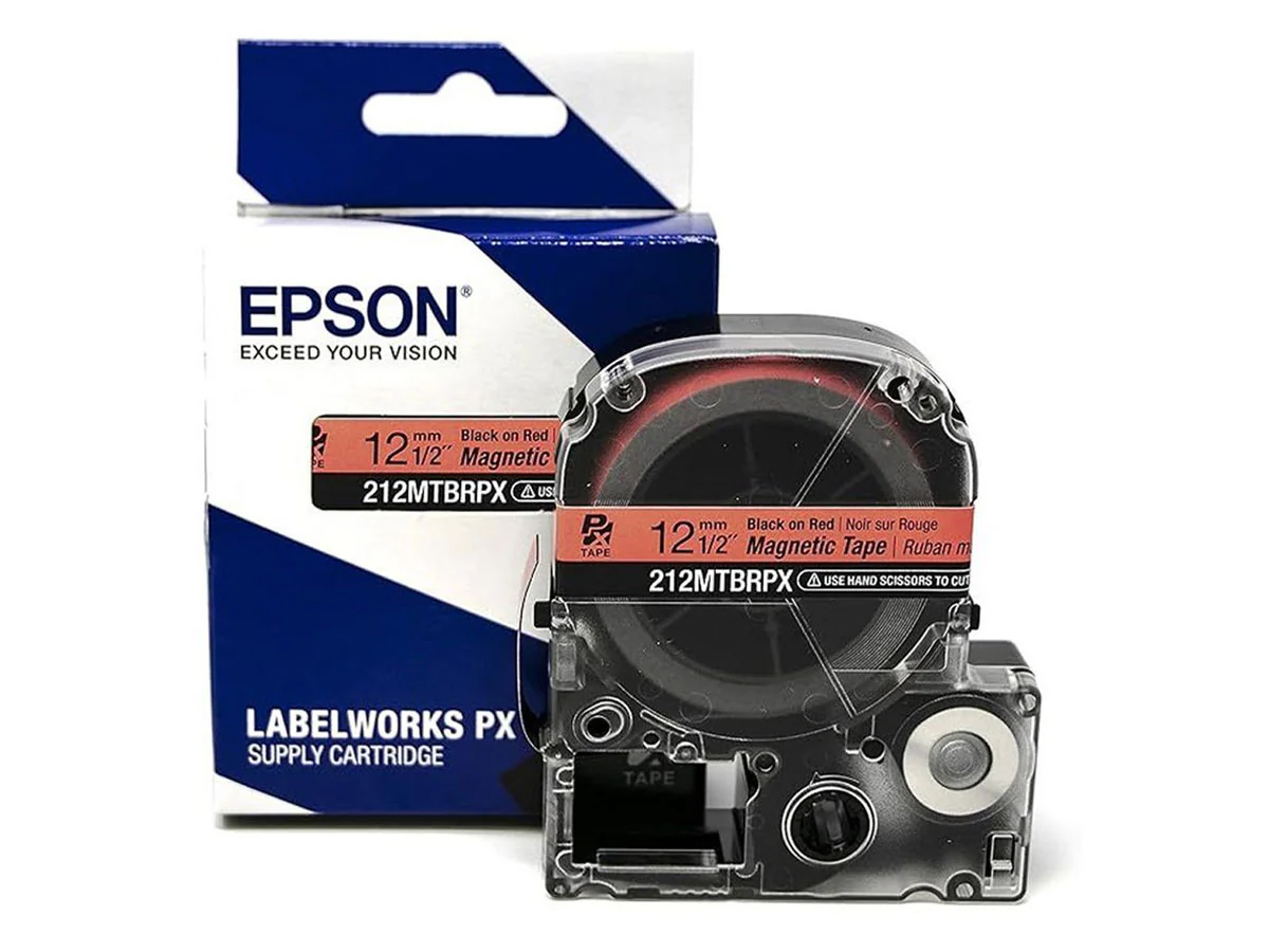 Epson LABELWORKS PX Magnetic 1/2" (12mm) x 4.9 ft Black on Red Tape - 212MTBRPX-4.9