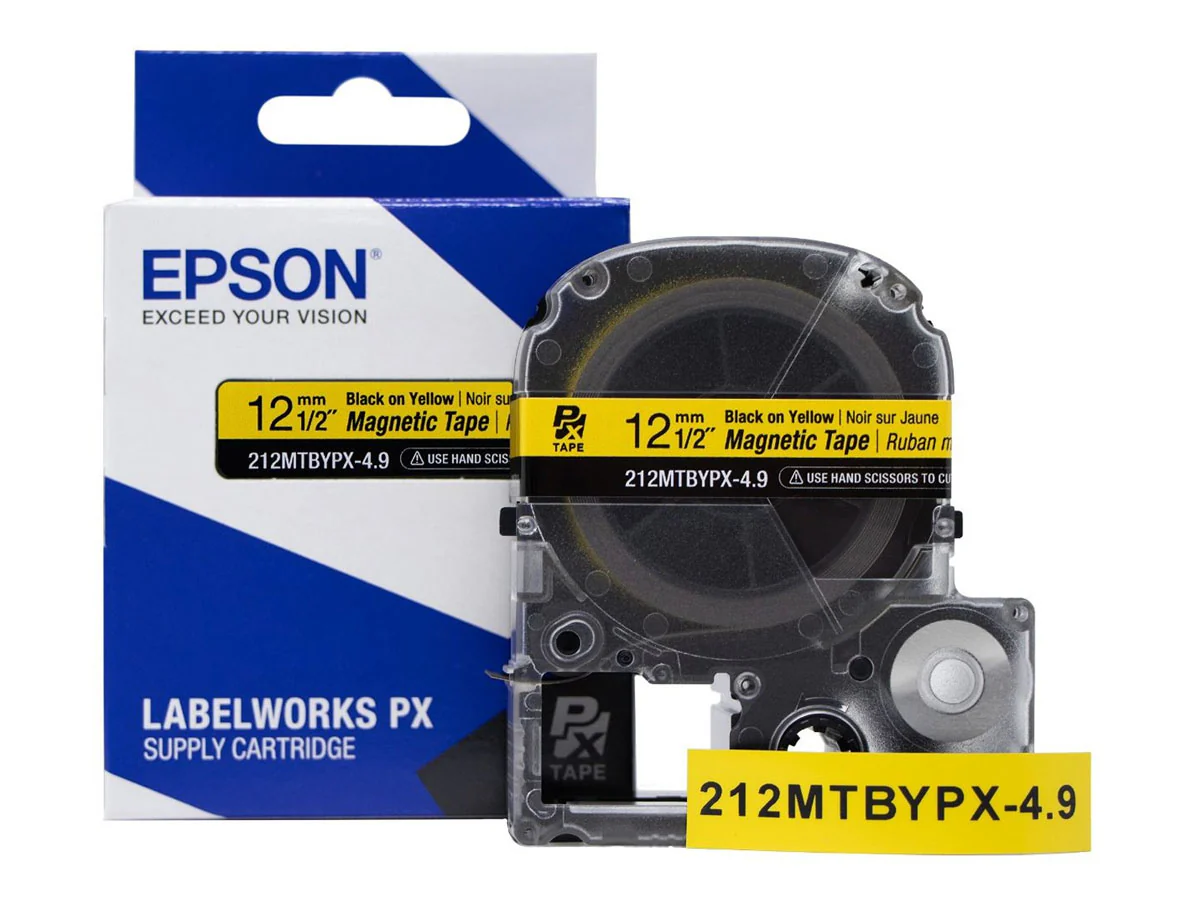 Epson LABELWORKS PX Magnetic 1/2" (12mm) x 4.9 ft Black on Yellow Tape - 212MTBYPX-4.9