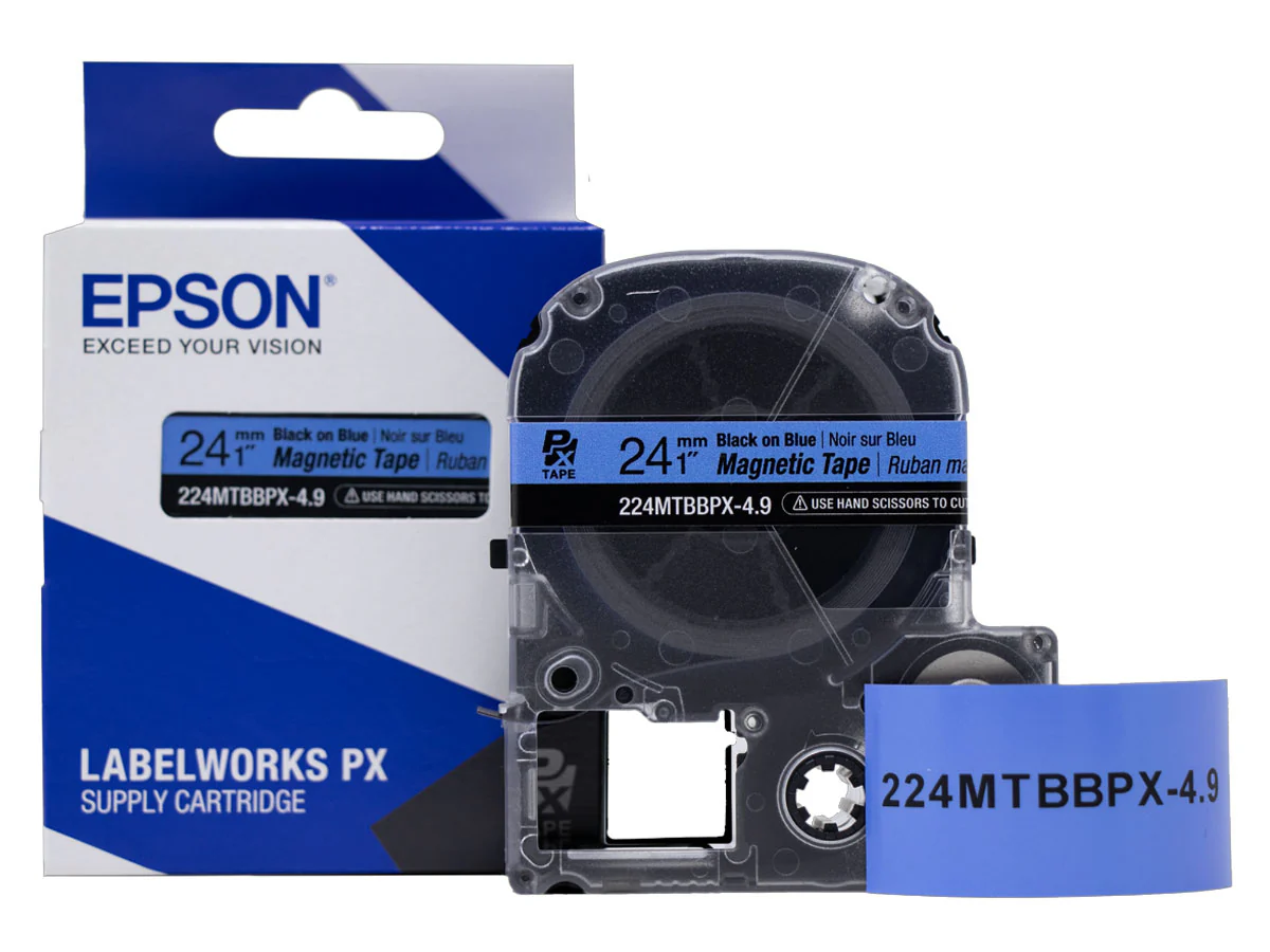 Epson LABELWORKS PX Magnetic 1" (24mm) x 4.9 ft Black on Blue Tape - 224MTBBPX-4.9