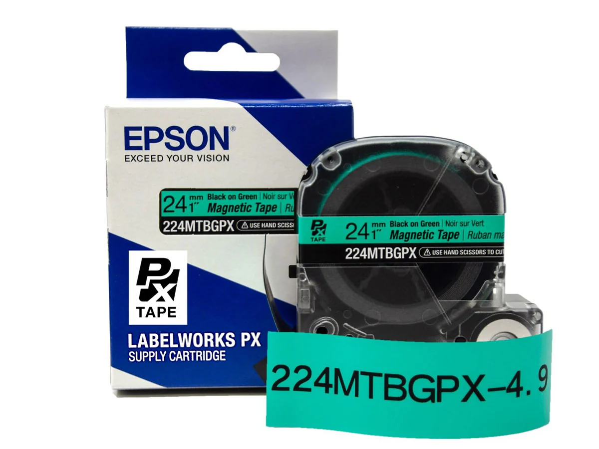 Epson LABELWORKS PX Magnetic 1" (24mm) x 4.9 ft  Black on Green Tape - 224MTBGPX-4.9