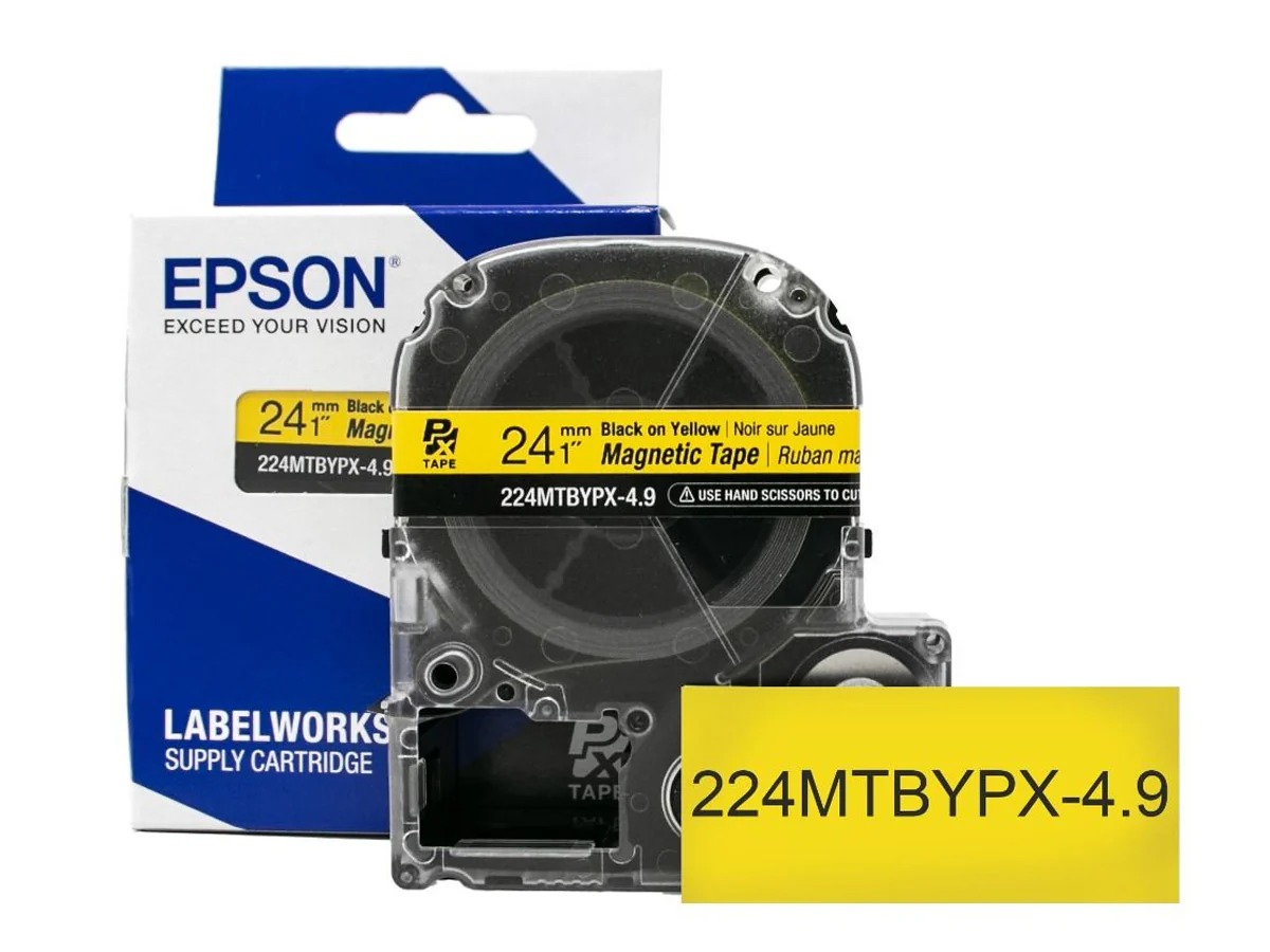 Epson LABELWORKS PX Magnetic 1" (24mm) x 4.9 ft Black on Yellow Tape - 224MTBYPX-4.9