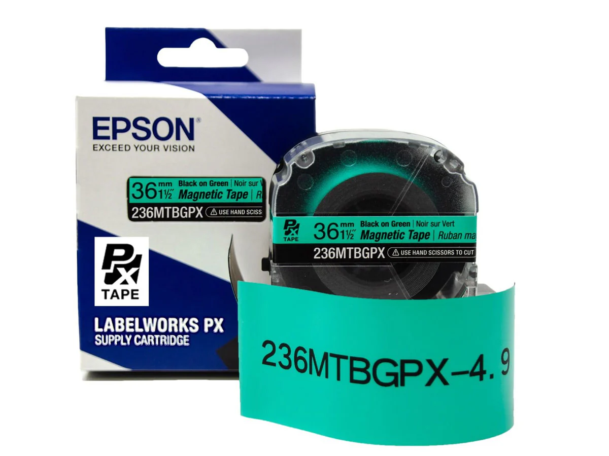 Epson LABELWORKS PX Magnetic 1½" (36mm) x 4.9 ft Black on Green Tape - 236MTBGPX-4.9