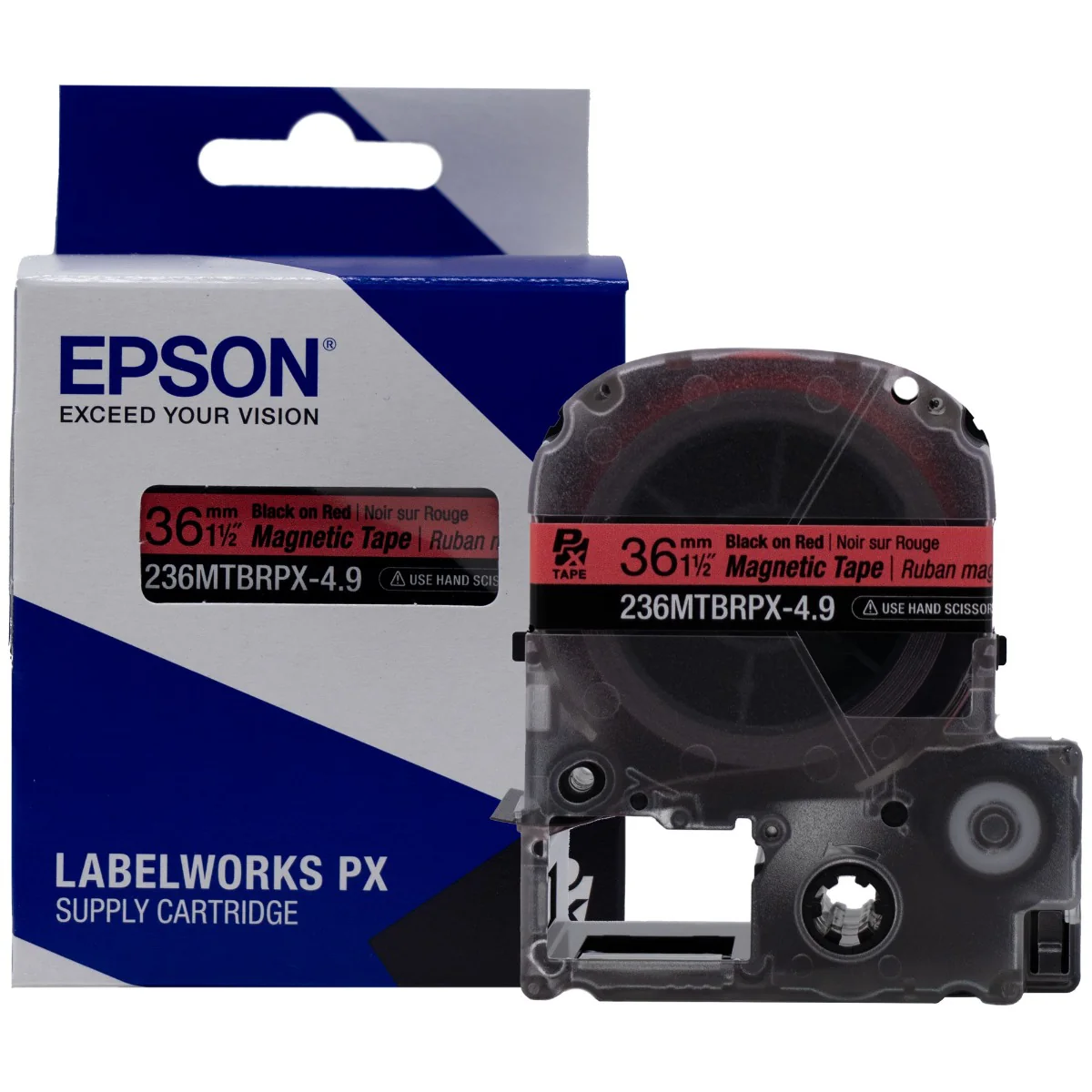 Epson LABELWORKS PX Magnetic 1½" (36mm) x 4.9 ft Black on Red Tape - 236MTBRPX-4.9 - Image 5