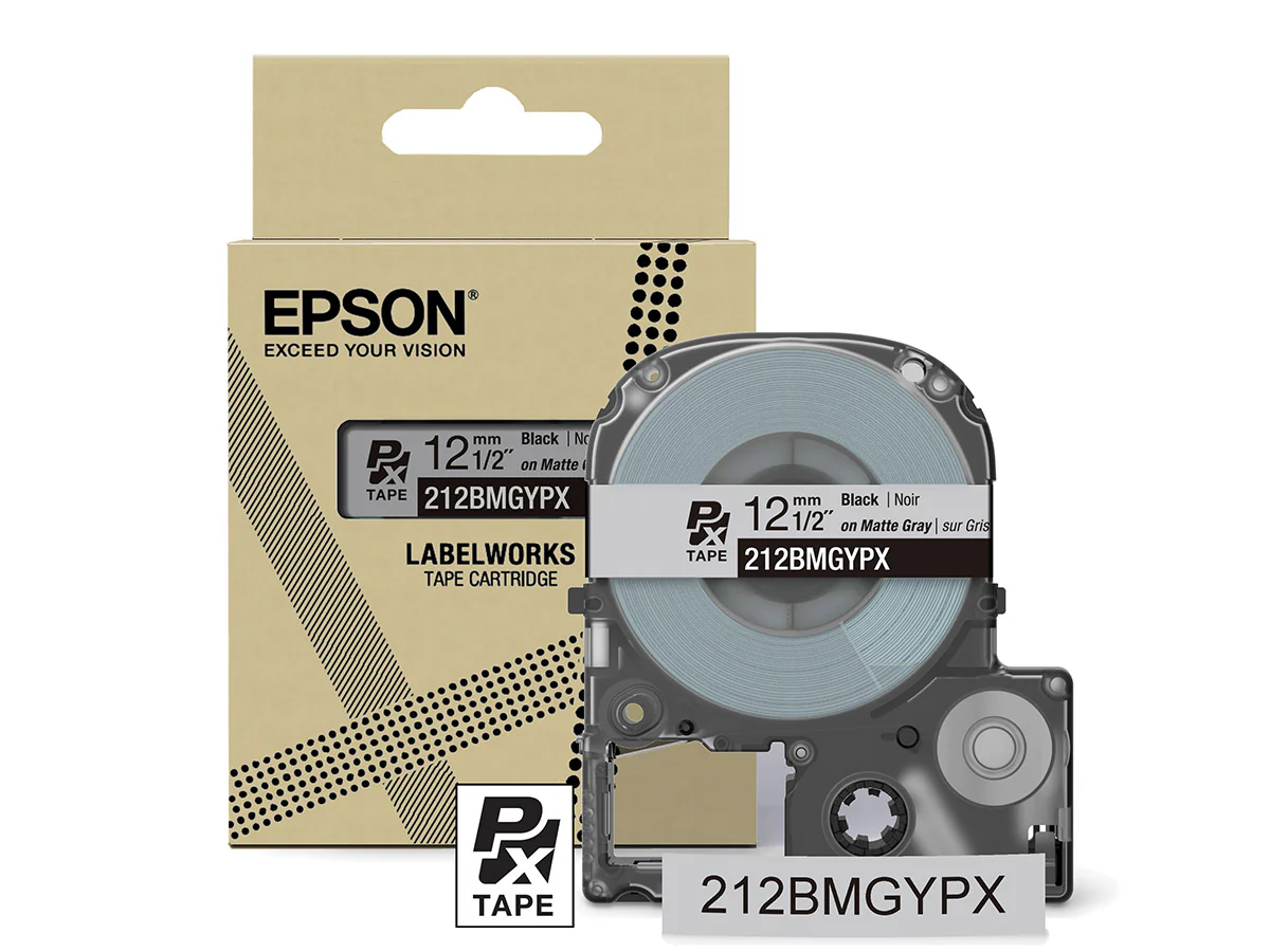 Epson LabelWorks PX Matte 1/2" (12mm) X 26 FT Black on Matte Light Gray Tape - 212BMGYPX