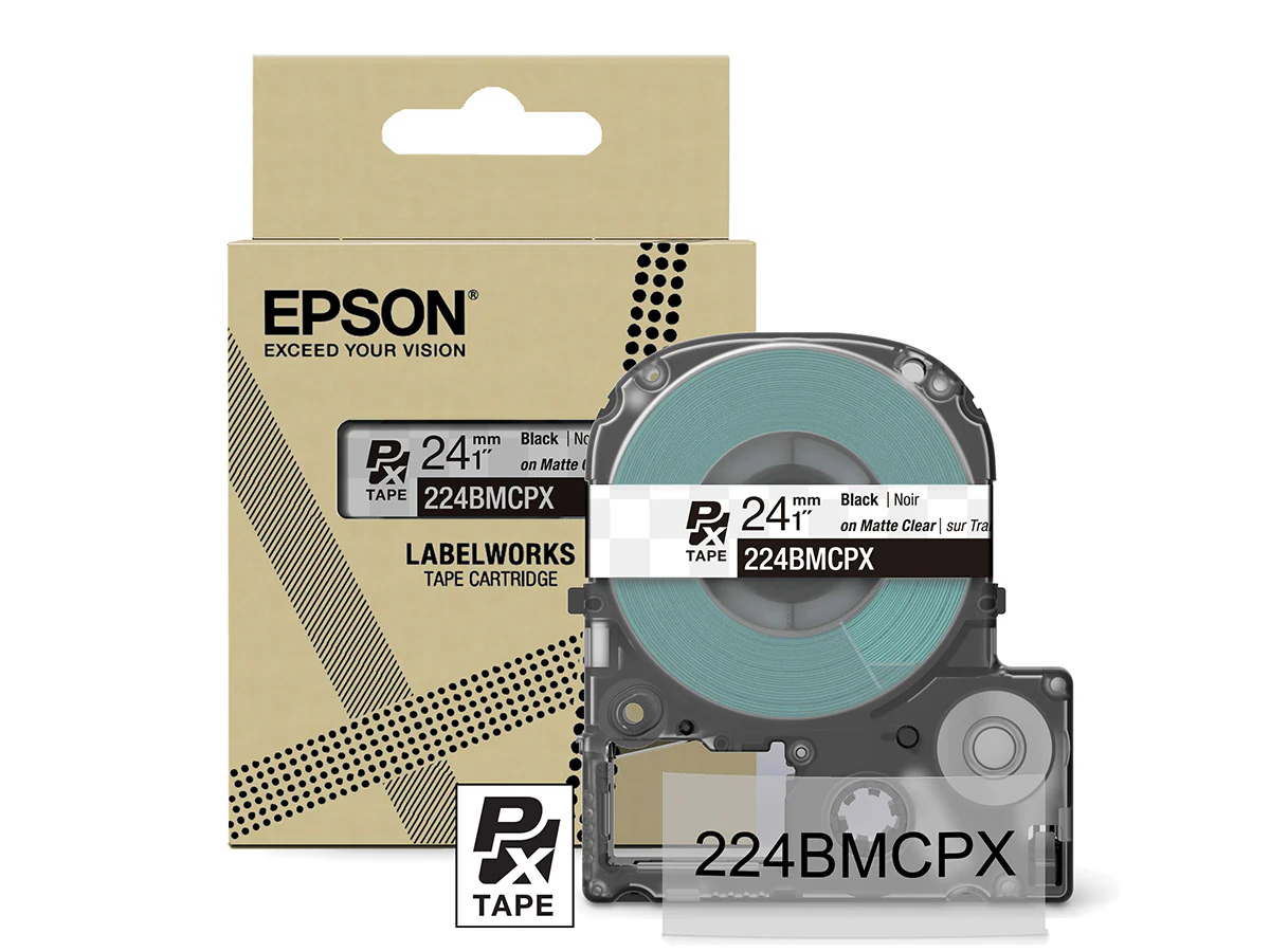 Epson LabelWorks PX Matte 1" (24mm) X 26 FT Black on Clear Matte Tape - 224BMCPX