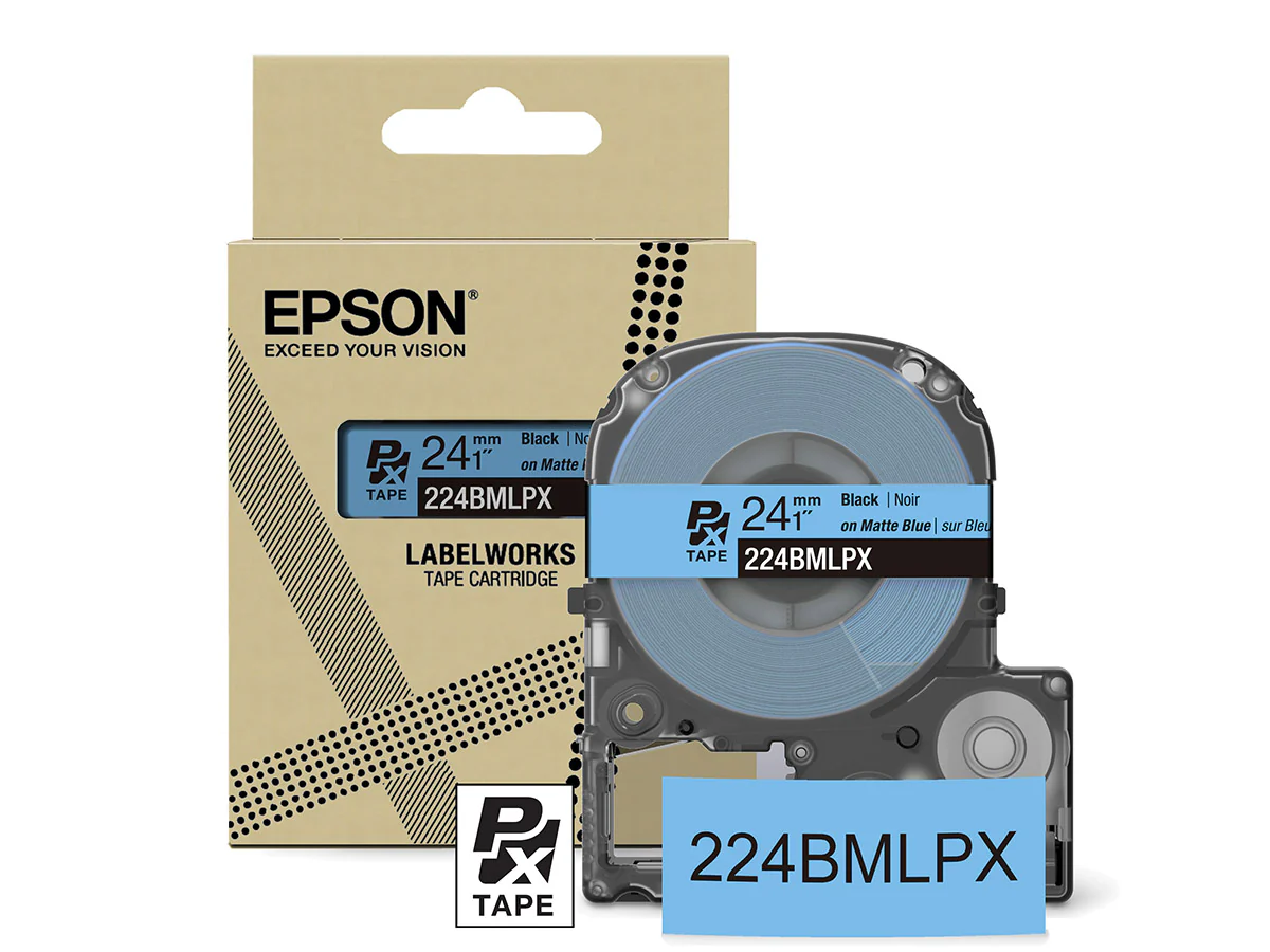 Epson LabelWorks PX Matte 1" (24mm) X 26 FT Black on Matte Blue Tape - 224BMLPX