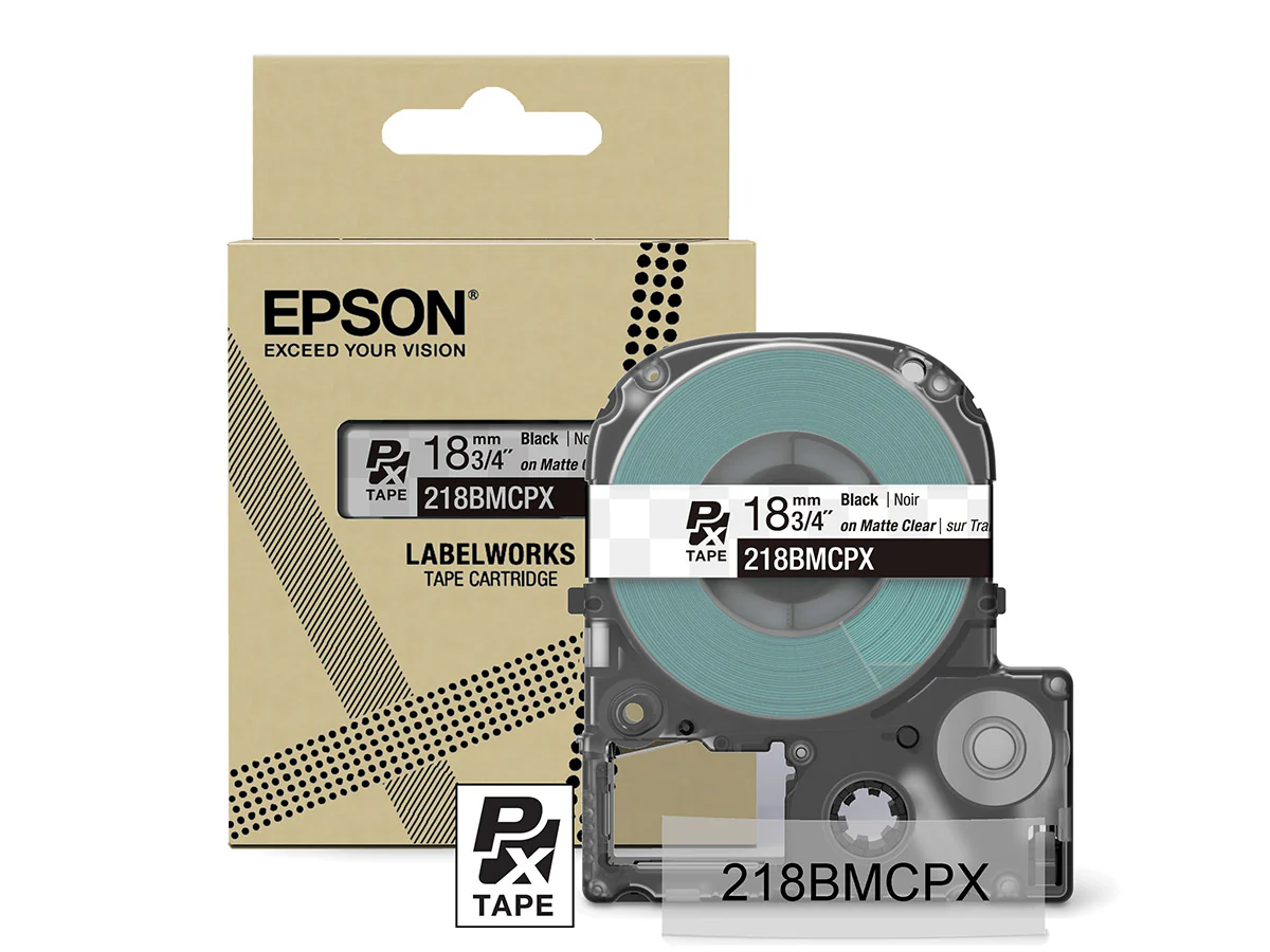 Epson LabelWorks PX Matte 3/4" (18mm) X 26 FT Black on Clear Matte Tape - 218BMCPX