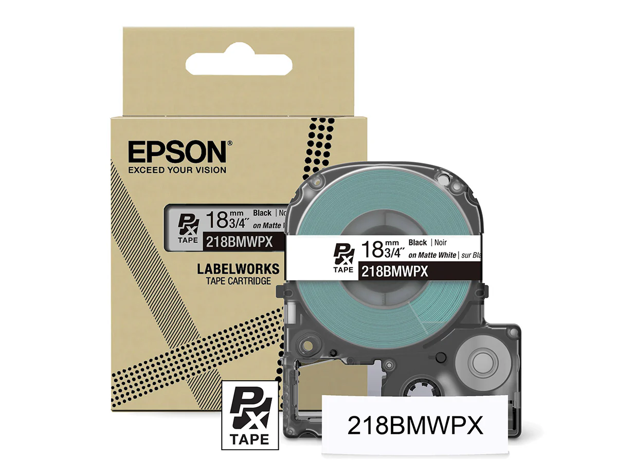 Epson LabelWorks PX Matte 3/4" (18mm) X 26 FT Black on White Matte Tape - 218BMWPX