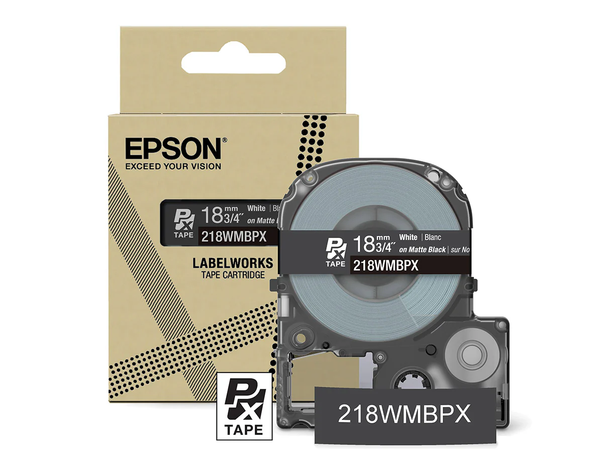 Epson LabelWorks PX Matte 3/4" (18mm) X 26 FT White on Matte Black Tape - 218WMBPX
