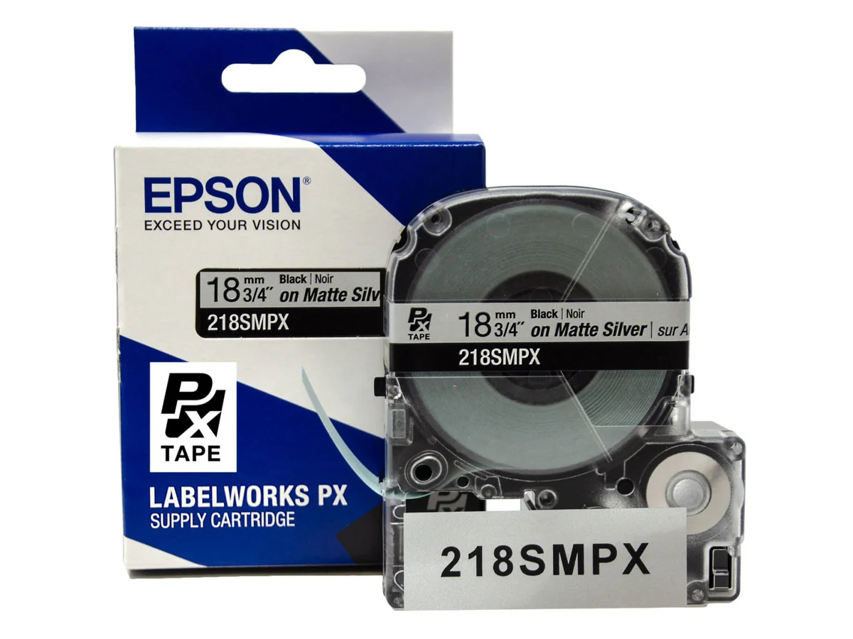 Epson LABELWORKS PX Silver Matte 3/4" ((18mm) x 30 ft Black on Silver Matte Tape - 218SMPX