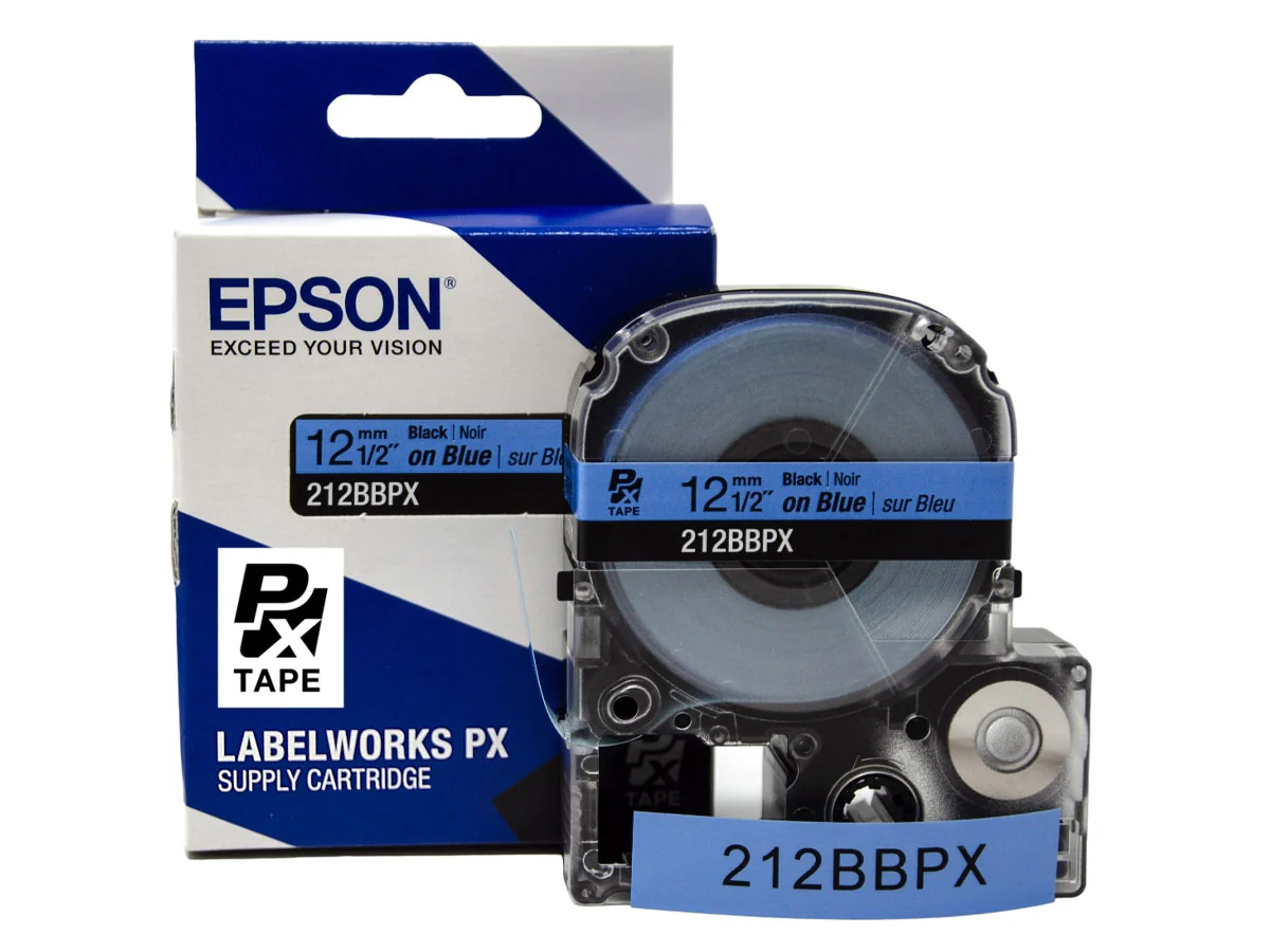 Epson LABELWORKS PX Standard 1/2" (12mm) x 30 ft Black on Blue Tape - 212BBPX