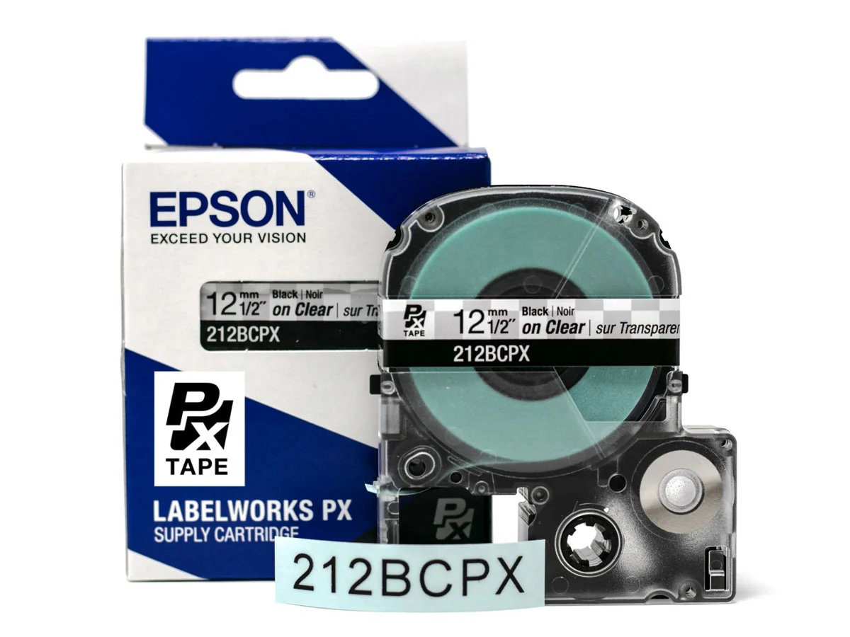 Epson LABELWORKS PX Standard 1/2" (12mm) x 30 ft Black on Clear Tape - 212BCPX