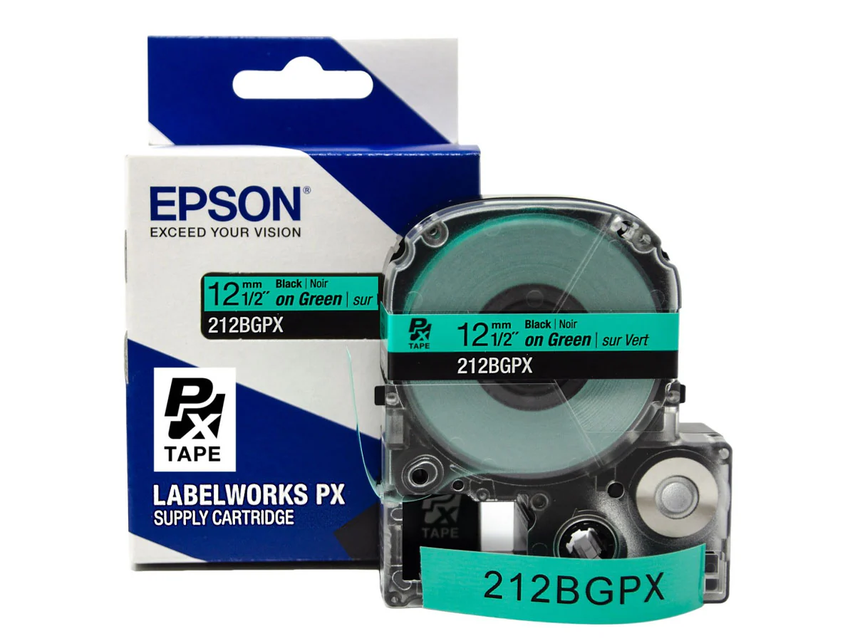 Epson LABELWORKS PX Standard 1/2" (12mm) x 30 ft Black on Green Tape - 212BGPX