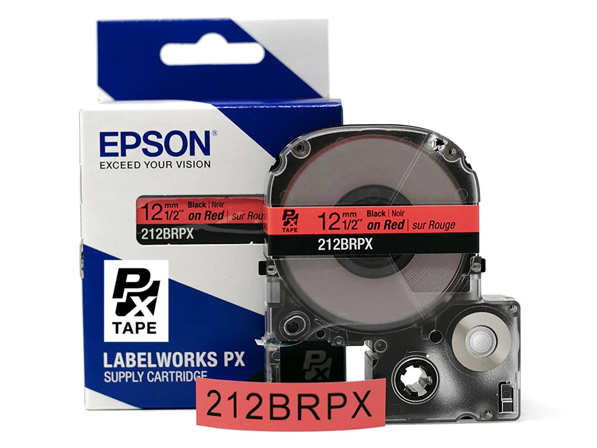 Epson LABELWORKS PX Standard 1/2" 12mm) x 30 ft Black on Red Tape - 212BRPX