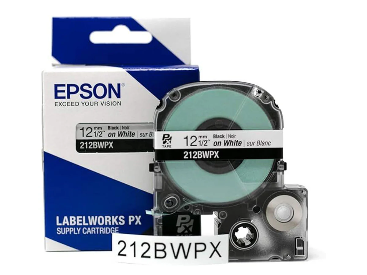 Epson LABELWORKS PX Standard 1/2" (12mm) x 30 ft Black on White Tape - 212BWPX