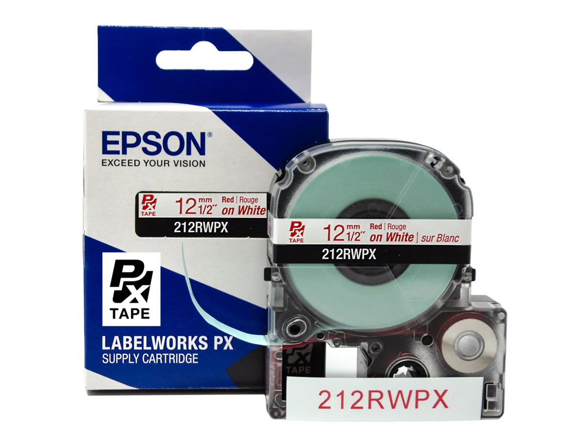 Epson LABELWORKS PX Standard 1/2" (12mm) x 30 ft Red on White Tape - 212RWPX