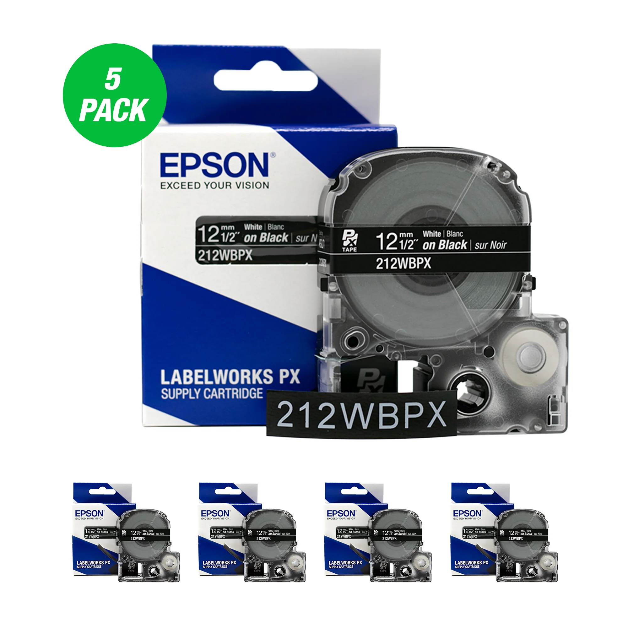 Epson LABELWORKS PX Standard 1/2" (12mm) x 30 ft White on Black Tape 5 Pack - 212WBPX-5PK