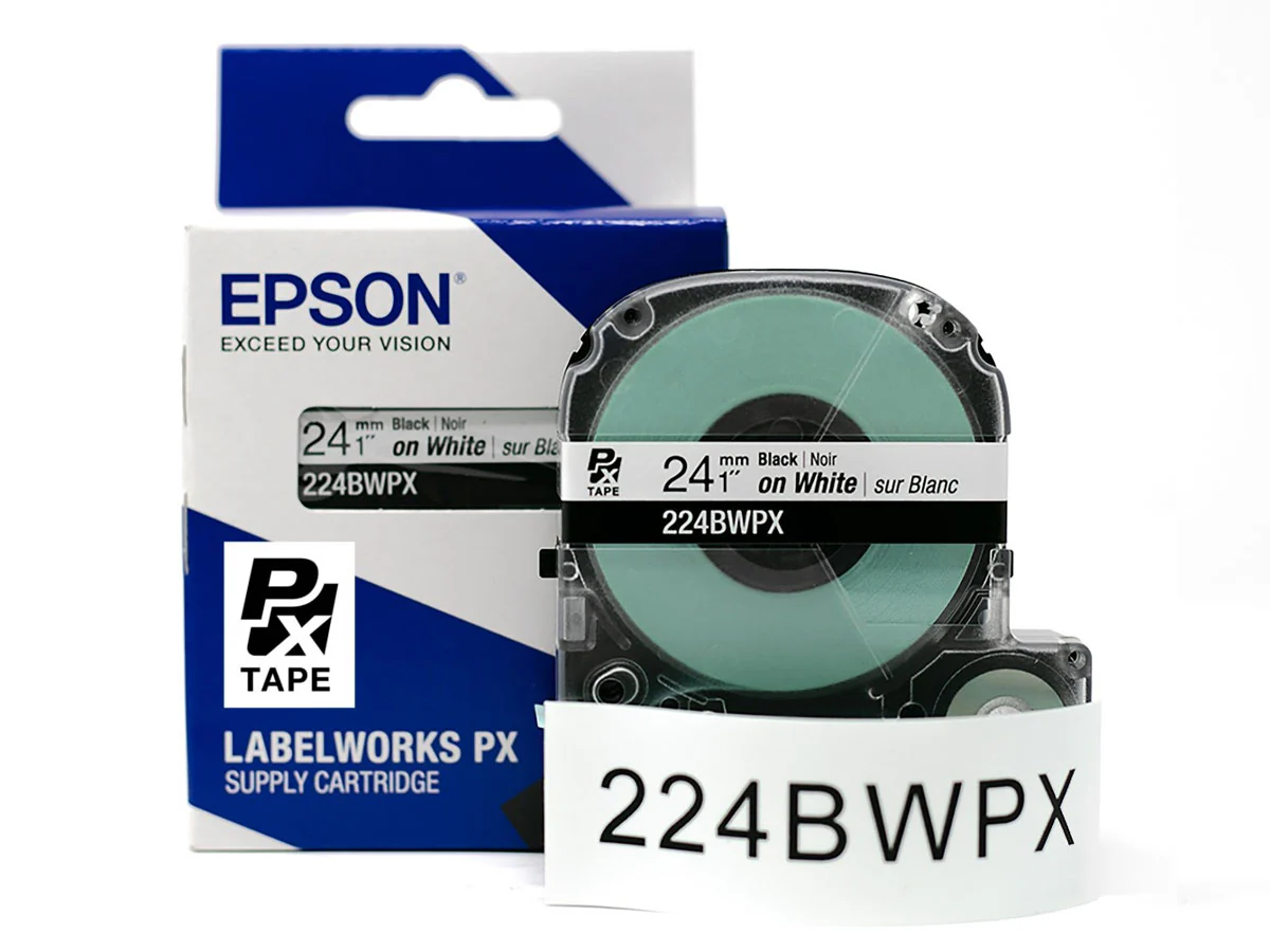 Epson LABELWORKS PX Standard 1" (24mm) x 30 ft Black on White Tape - 224BWPX
