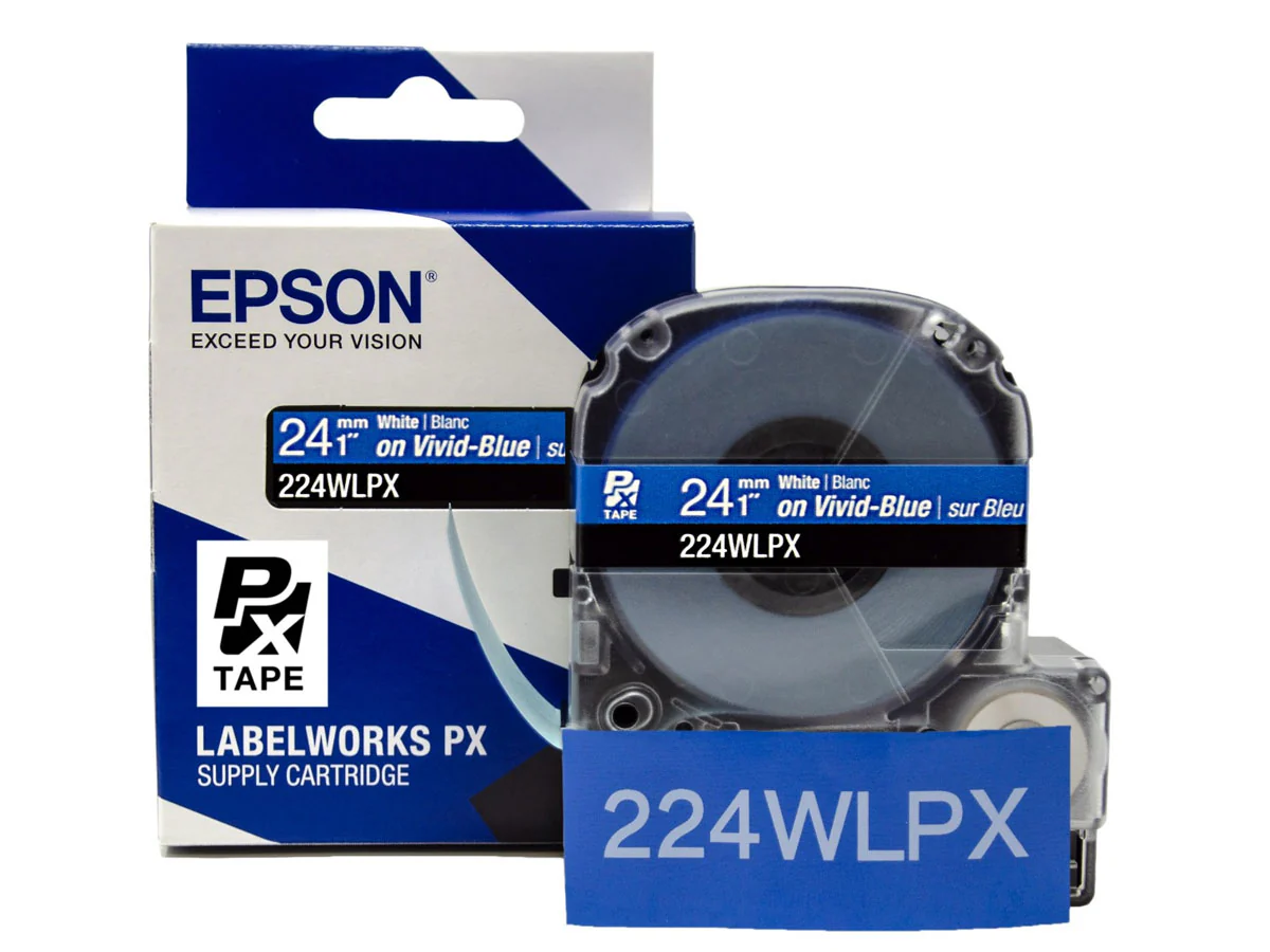 Epson LABELWORKS PX Standard 1" (24mm) x 30 ft White on Vivid-Blue Tape - 224WLPX