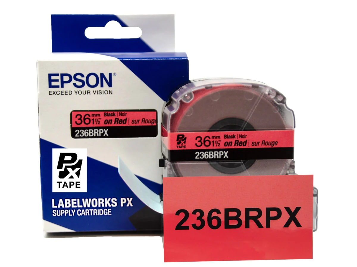 Epson LABELWORKS PX Standard 1½" (36mm) x 30 ft Black on Red Tape - 236BRPX