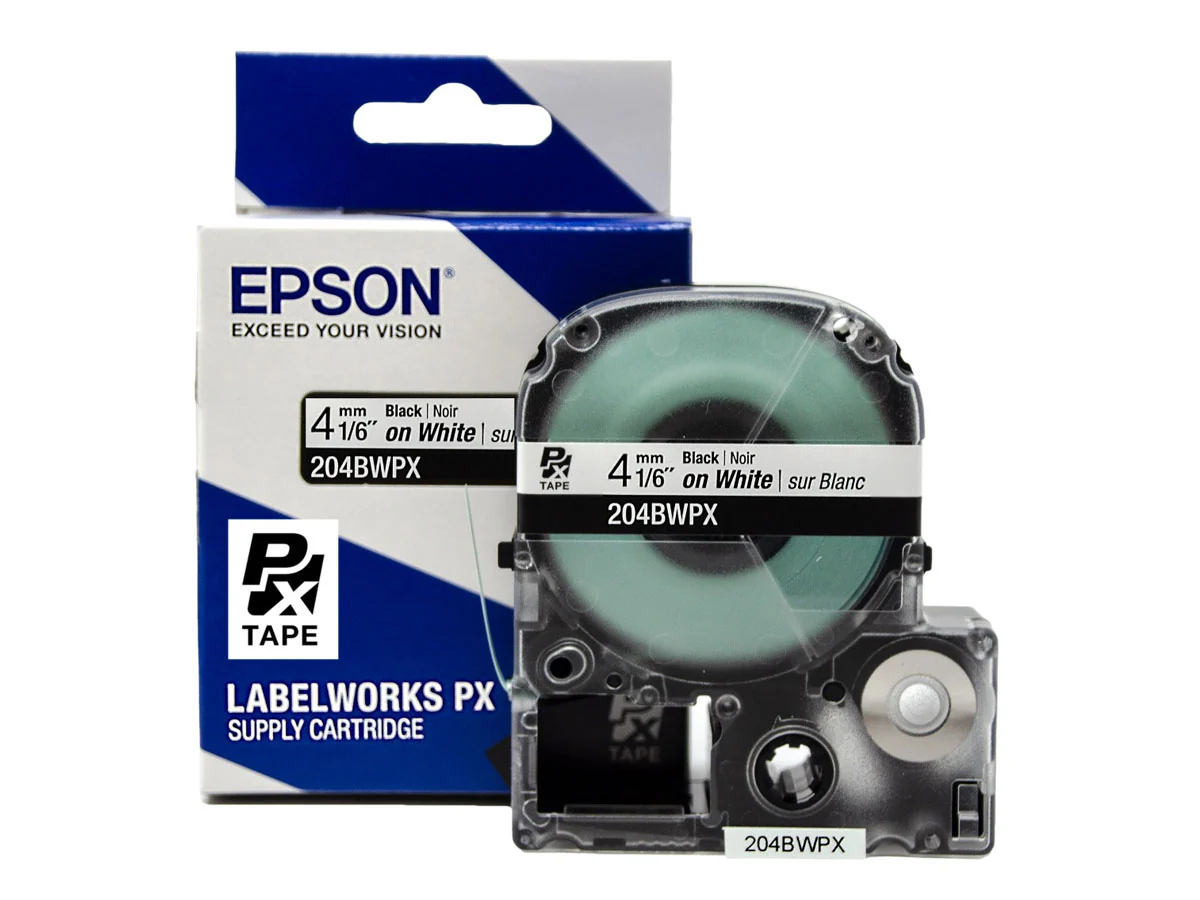 Epson LABELWORKS PX Standard 1/6" (4mm) x 30 ft Black on White Tape - 204BWPX