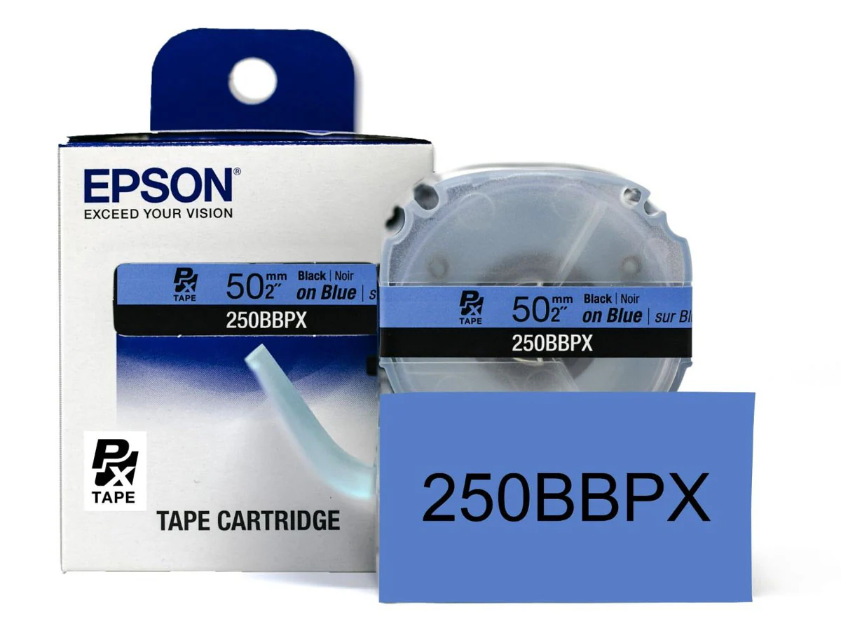 Epson LABELWORKS PX Standard 2" (50mm) x 26.2 ft Black on Blue Tape - 250BBPX