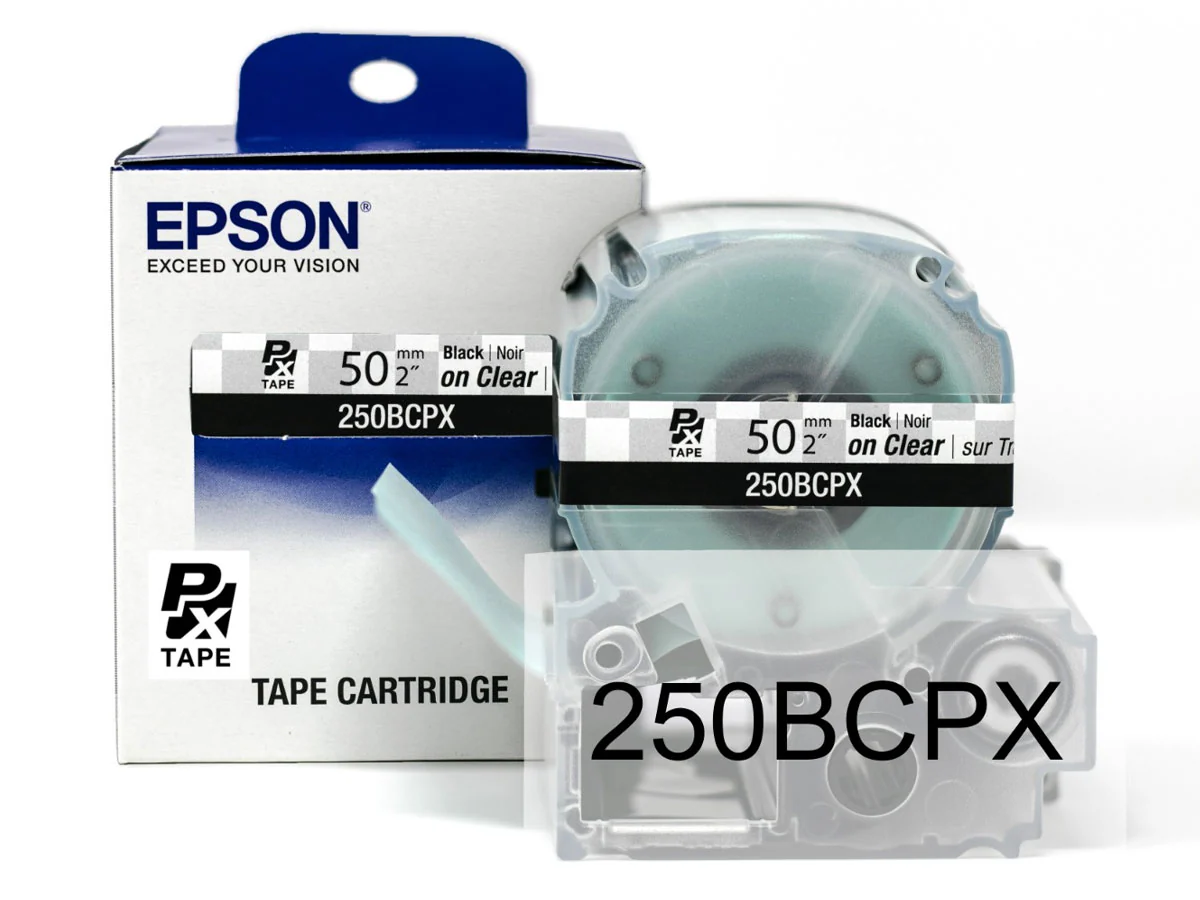Epson LABELWORKS PX Standard 2" (50mm) x 26.2 ft Black on Clear Tape - 250BCPX