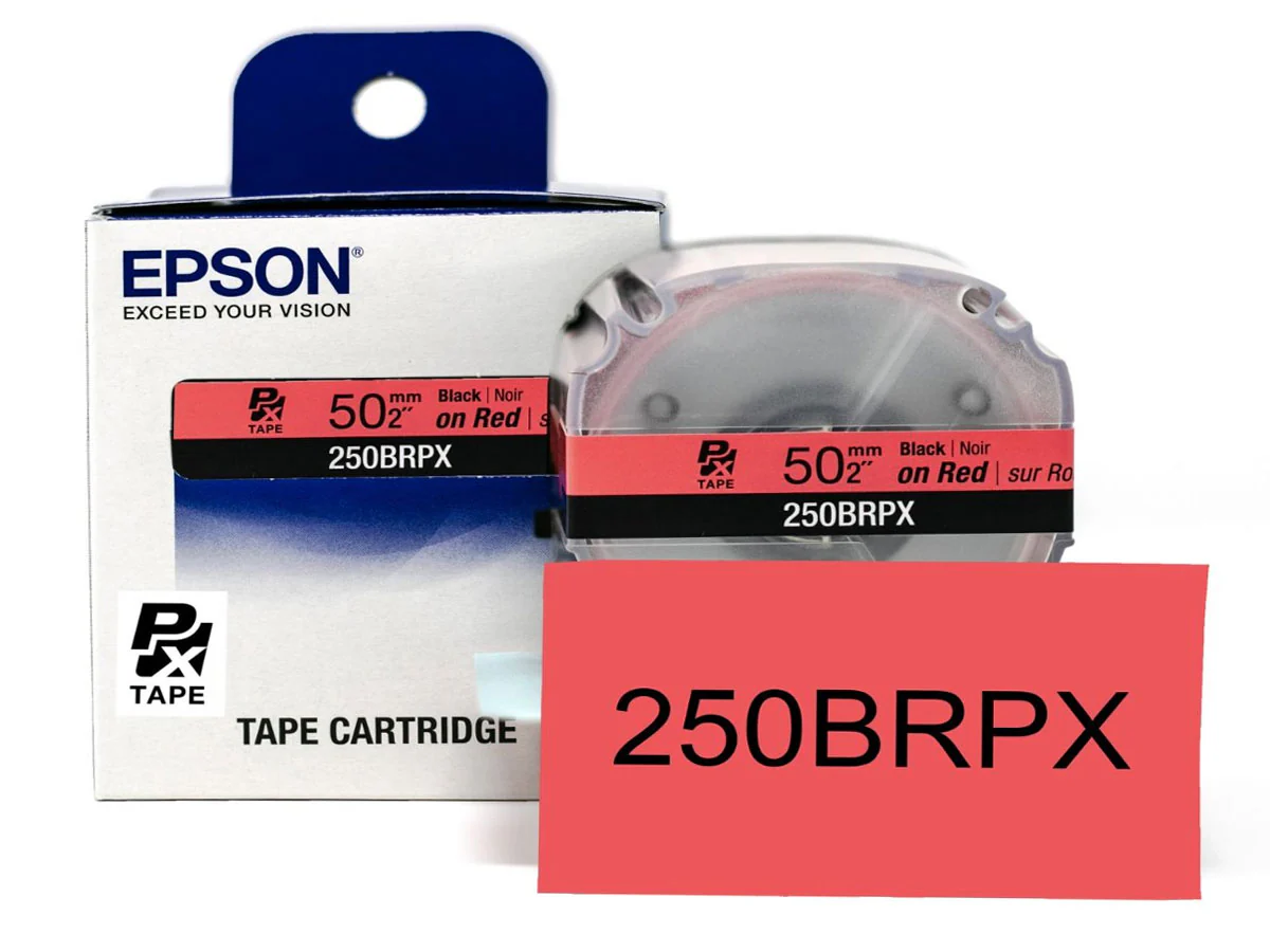 Epson LABELWORKS PX Standard 2" (50mm) x 26.2 ft Black on Red Tape - 250BRPX
