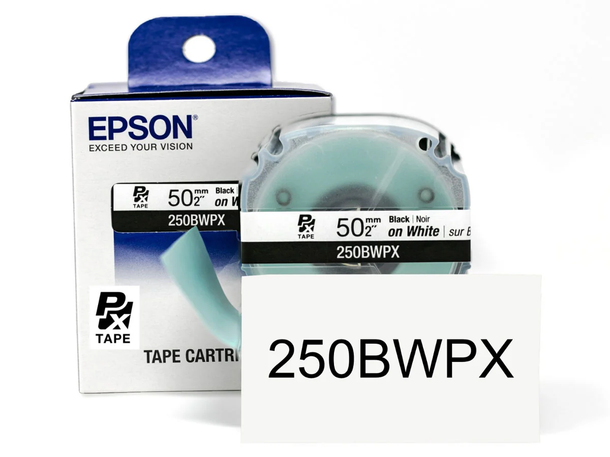 Epson LABELWORKS PX Standard 2" (50mm) x 26.2 ft Black on White Tape - 250BWPX