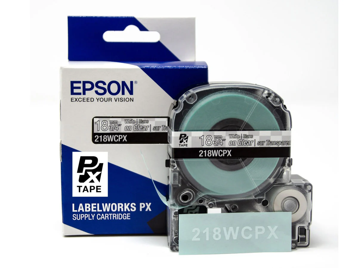 Epson LABELWORKS PX Standard 3/4" (18mm) x 30 ft White on Clear Tape - 218WCPX