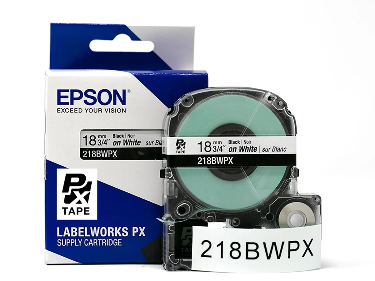 Epson LABELWORKS PX Standard 3/4"(18mm) x 30 ft Black on White Tape 5 Pack - 218BWPX-5PK - Image 2