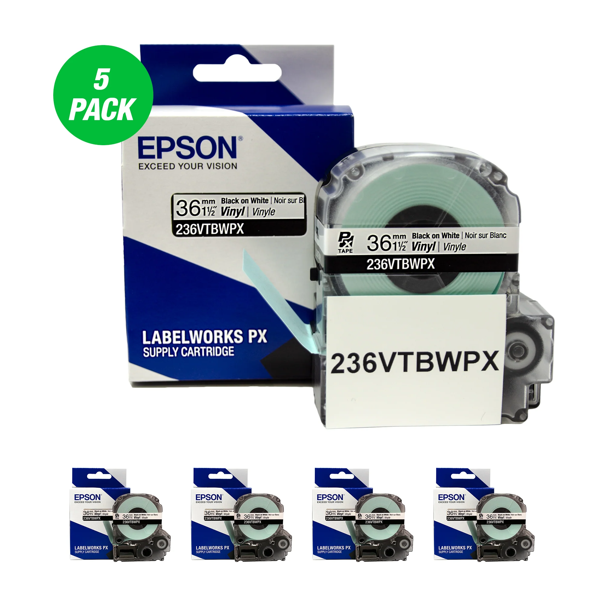 Epson LABELWORKS PX Vinyl 1 1/2" (36mm) x 22.9 ft Black on White Tape 5 Pack - 236VTBWPX-5PK