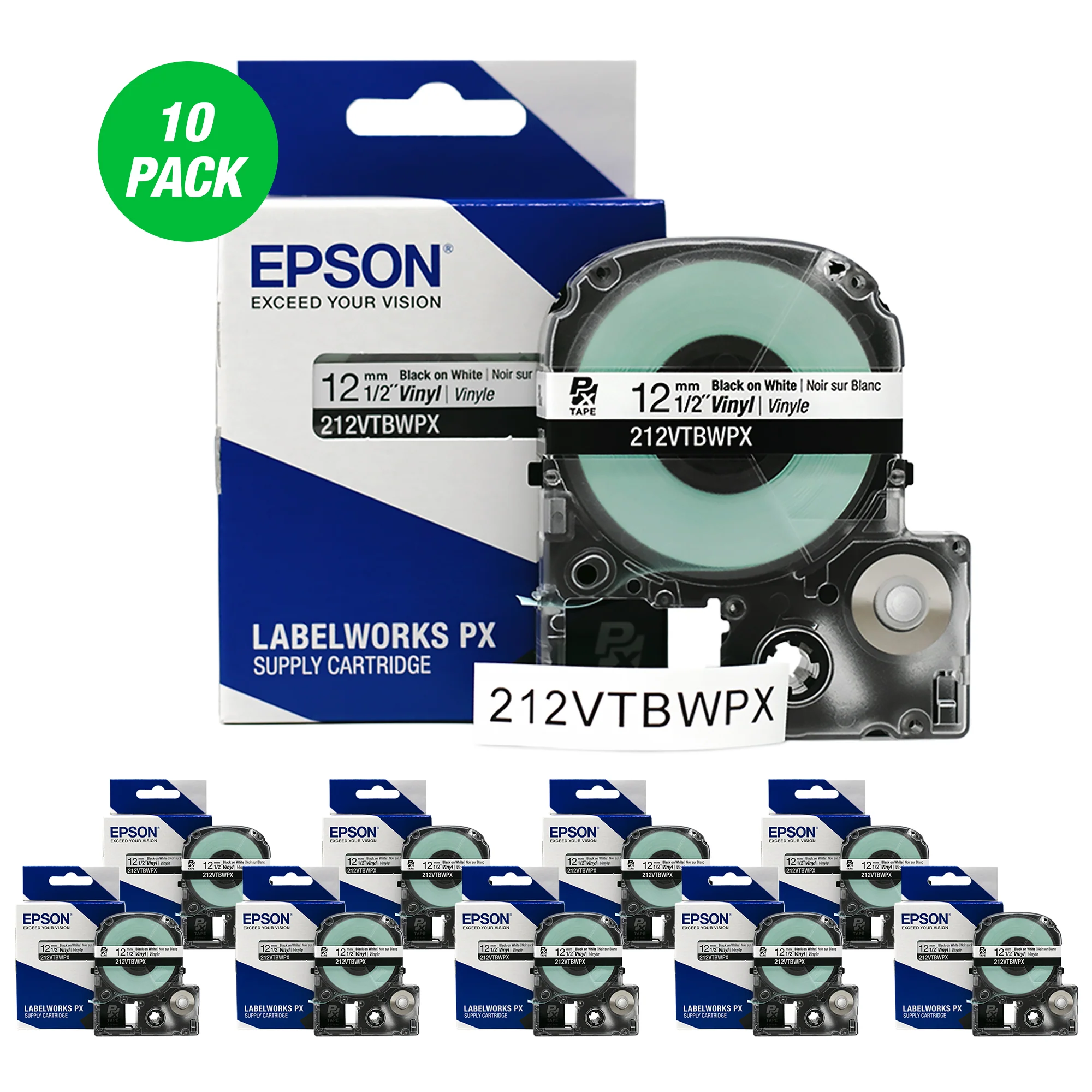 Epson LABELWORKS PX Vinyl 1/2" (12mm) x 22.9 ft Black on White Tape 10 Pack - 212VTBWPX-10PK
