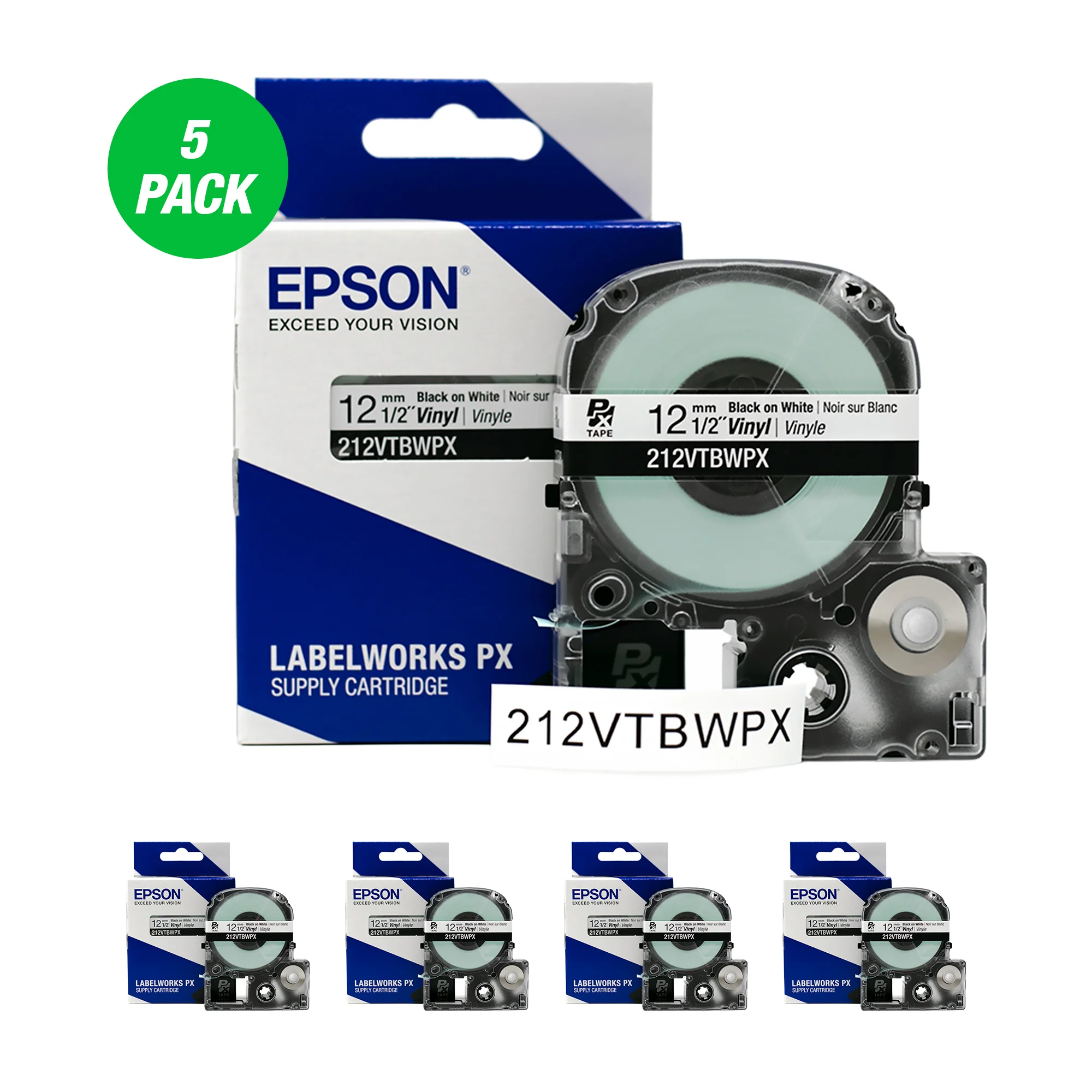 Epson LABELWORKS PX Vinyl 1/2" (12mm) x 22.9 ft Black on White Tape 5 Pack - 212VTBWPX-5PK