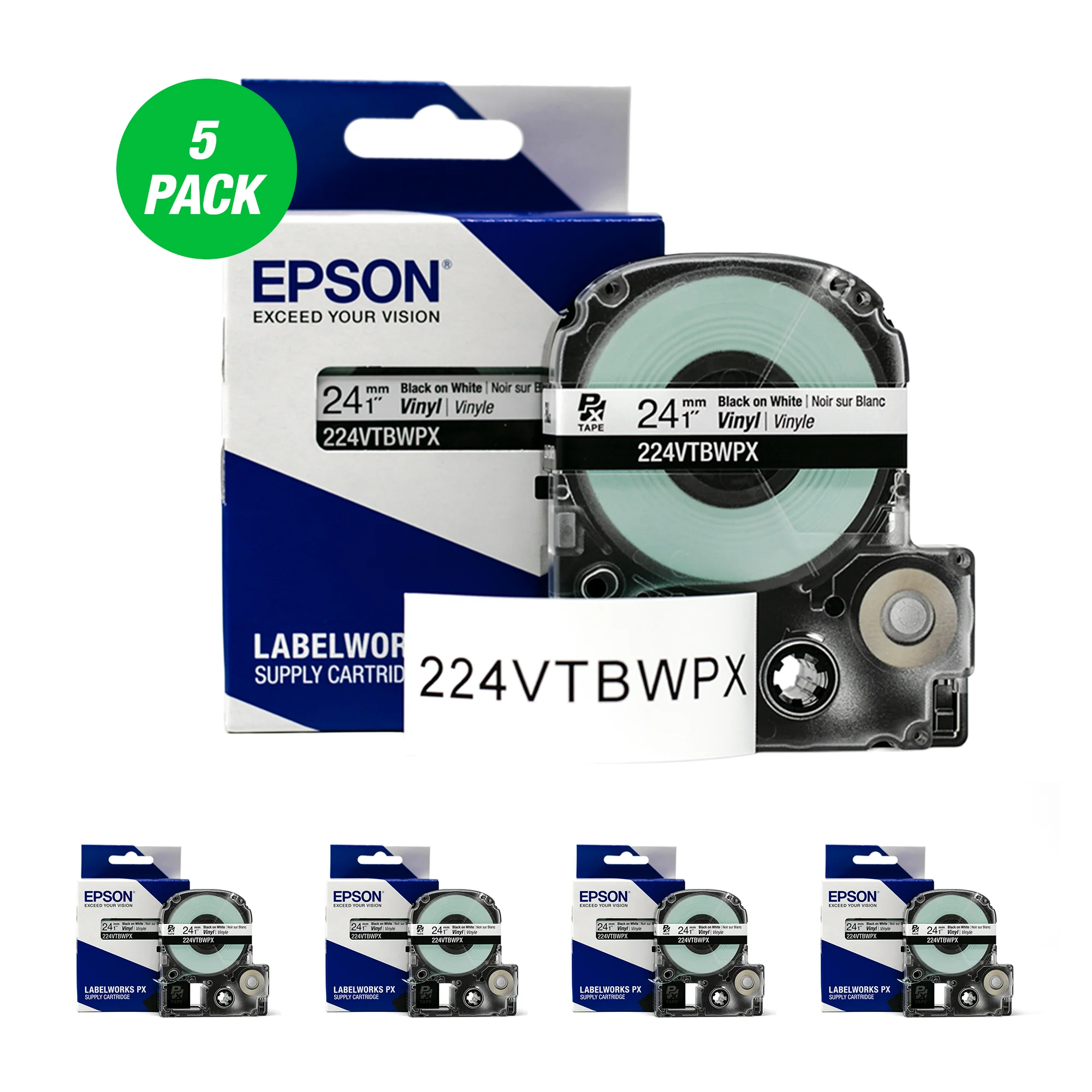Epson LABELWORKS PX Vinyl 1" (24mm) x 22.9 ft Black on White Tape 5 Pack - 224VTBWPX-5PK