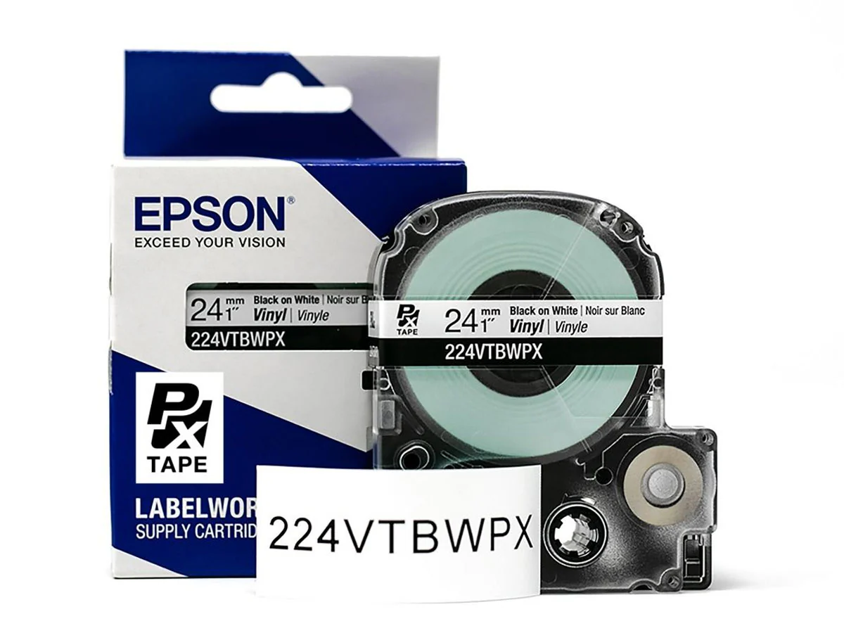 Epson LABELWORKS PX Vinyl 1" (24mm) x 22.9 ft Black on White Tape 5 Pack - 224VTBWPX-5PK - Image 2