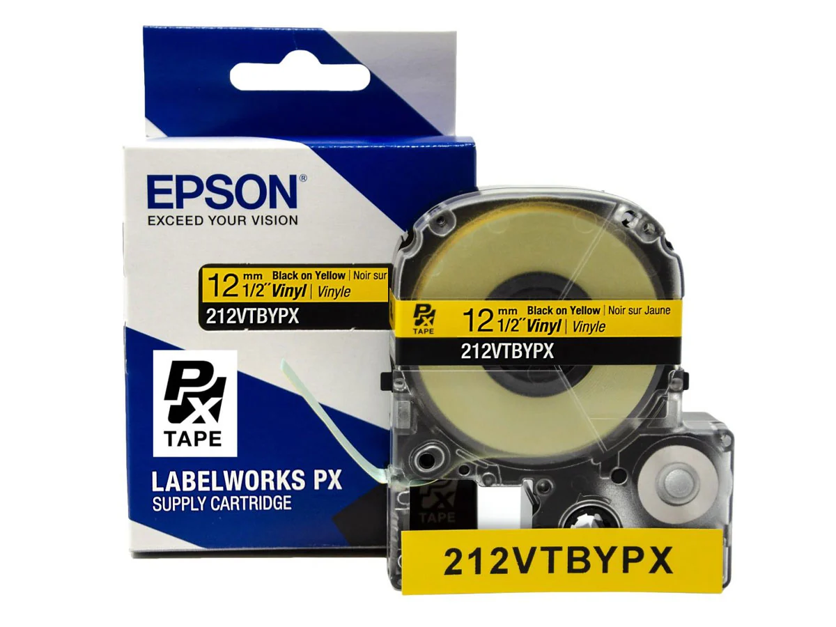 Epson LABELWORKS PX Vinyl 1/2" (12mm) x 22.9 ft Black on Yellow Tape - 212VTBYPX