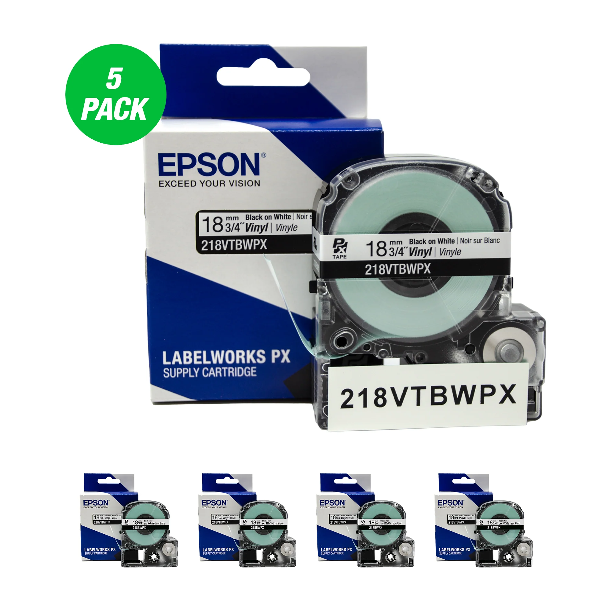Epson LABELWORKS PX Vinyl 3/4" (18mm) x 22.9 ft Black on White Tape 5 Pack - 218VTBWPX-5PACK