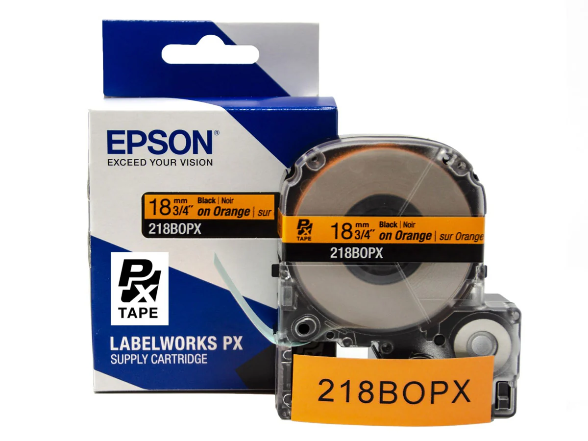 Epson LABELWORKS PX Standard 3/4" (18mm) x 30 ft Black on Orange Tape - 218BOPX
